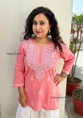 Tia Cotton Short Chikankari Kurti - Peach